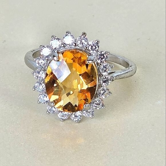 925 Sterling Silver Ring Sz 6.75 with Natural Citrine 12x10mm & CZ - Picture 8 of 8